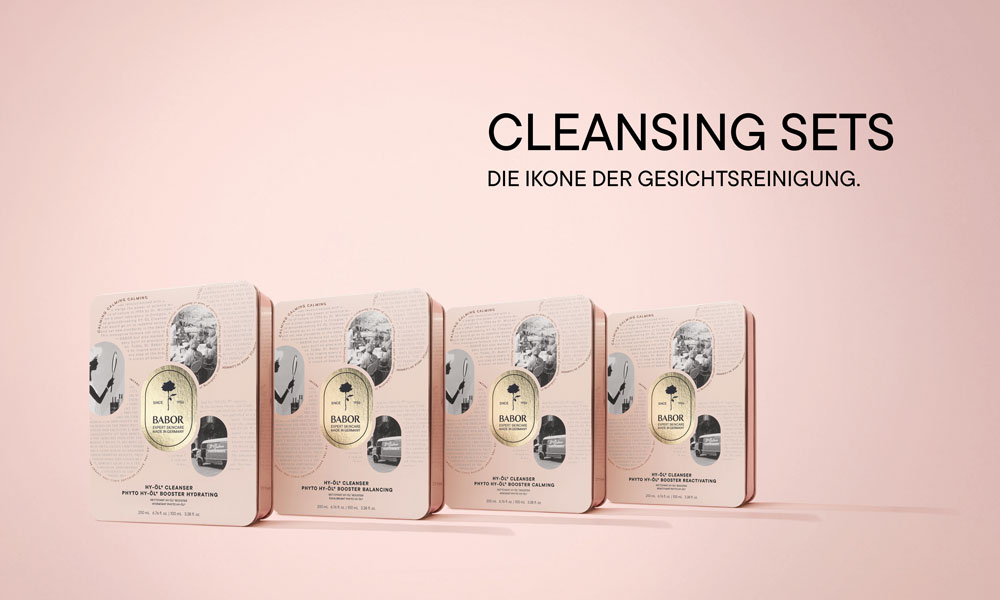 BABOR Cleansing Sets in vier Varianten vor rosa Hintergrund